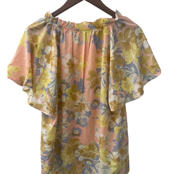 Women's M Floral Print Ruffle Neck Short Sleeve Flowy Romantic Spring Multicolor - Picture 2 of 7
